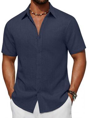 Men's Navy Blue Short Sleeve Button Down Cotton Linen Beach Shirt Pocket